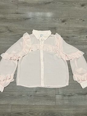 Forever 21 Victorian-style Chiffon Blouse Light Pink Ruffle Long Sleeve Size M